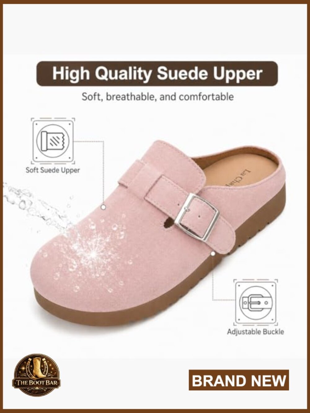Suede Clogs for Women Soft Cork Footbed Leather Mules with Adjustable Buckle - Picture 5 of 7